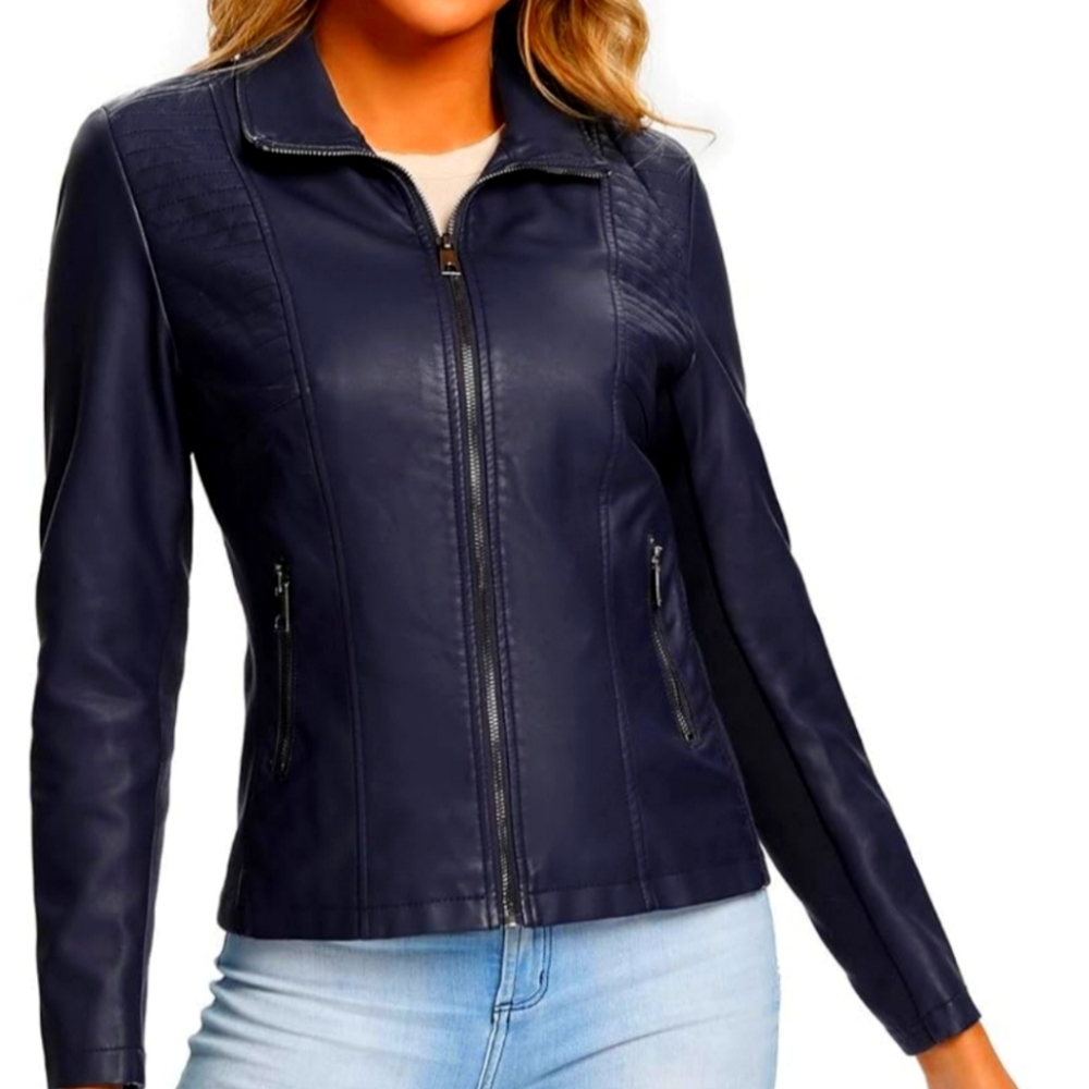 Chic Navy Blue Faux Leather Jacket